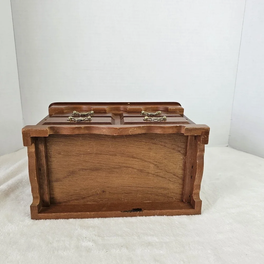 Vintage Retro Brown Wooden Jewelry Box w/ Drawers Mini Dresser Style